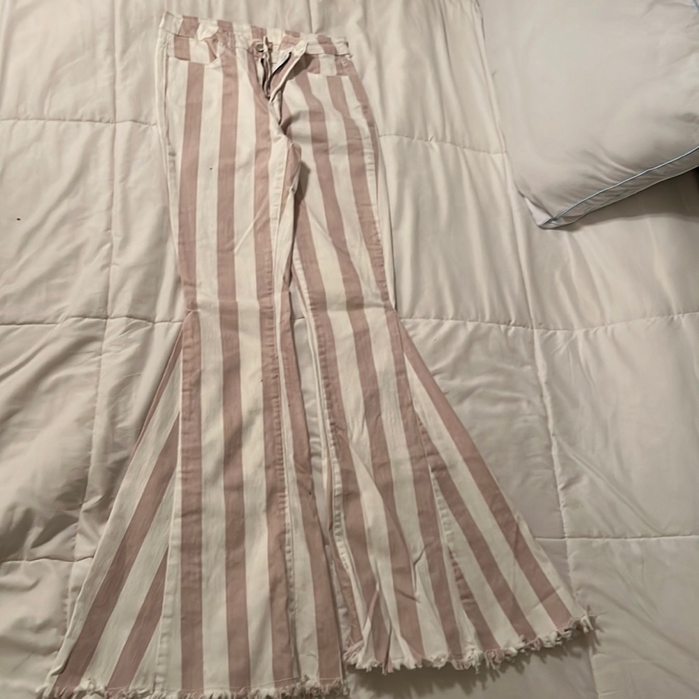 Altar’d State wide flare stripe pants, rose and white stripes